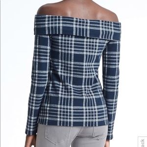 Navy and white off the shoulder plaid top